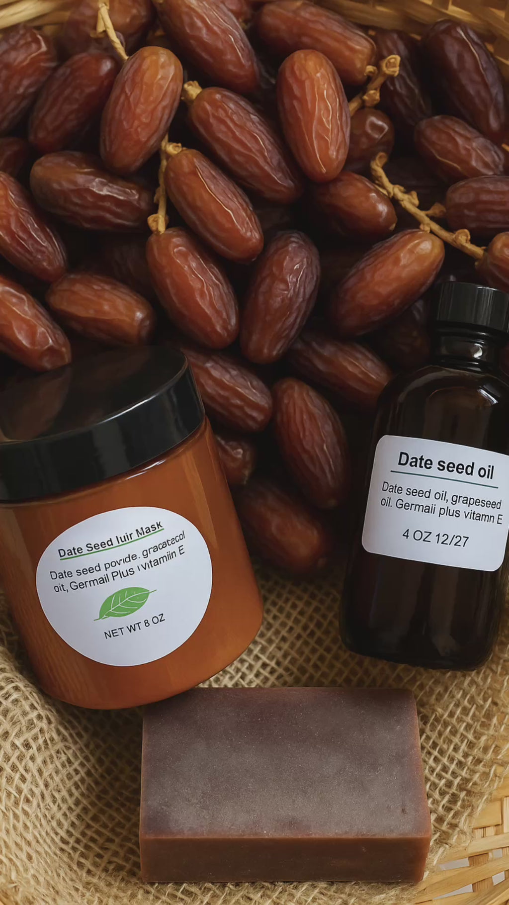Date seed powder package hair mask, shampoo bar and date seed oil