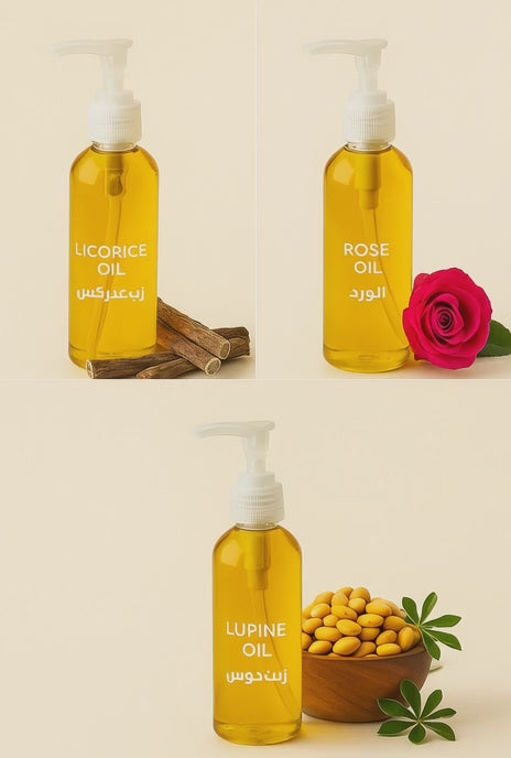 Package of three whitening oils licorice oil, rose oil and Lupine oil